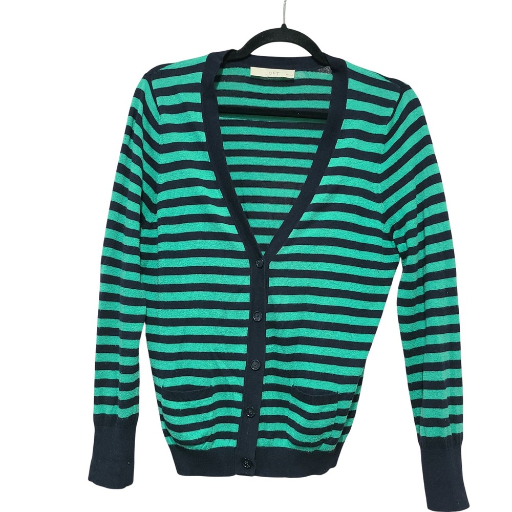 Ann Taylor LOFT Striped Cardigan Green Navy Blue Petite Cotton Modal Sweater